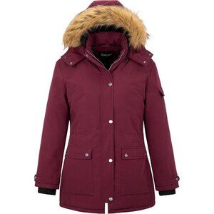 Women's Red Winter Plus Size Waterproof Thicken Puffer Coat With Faux Fur Hood